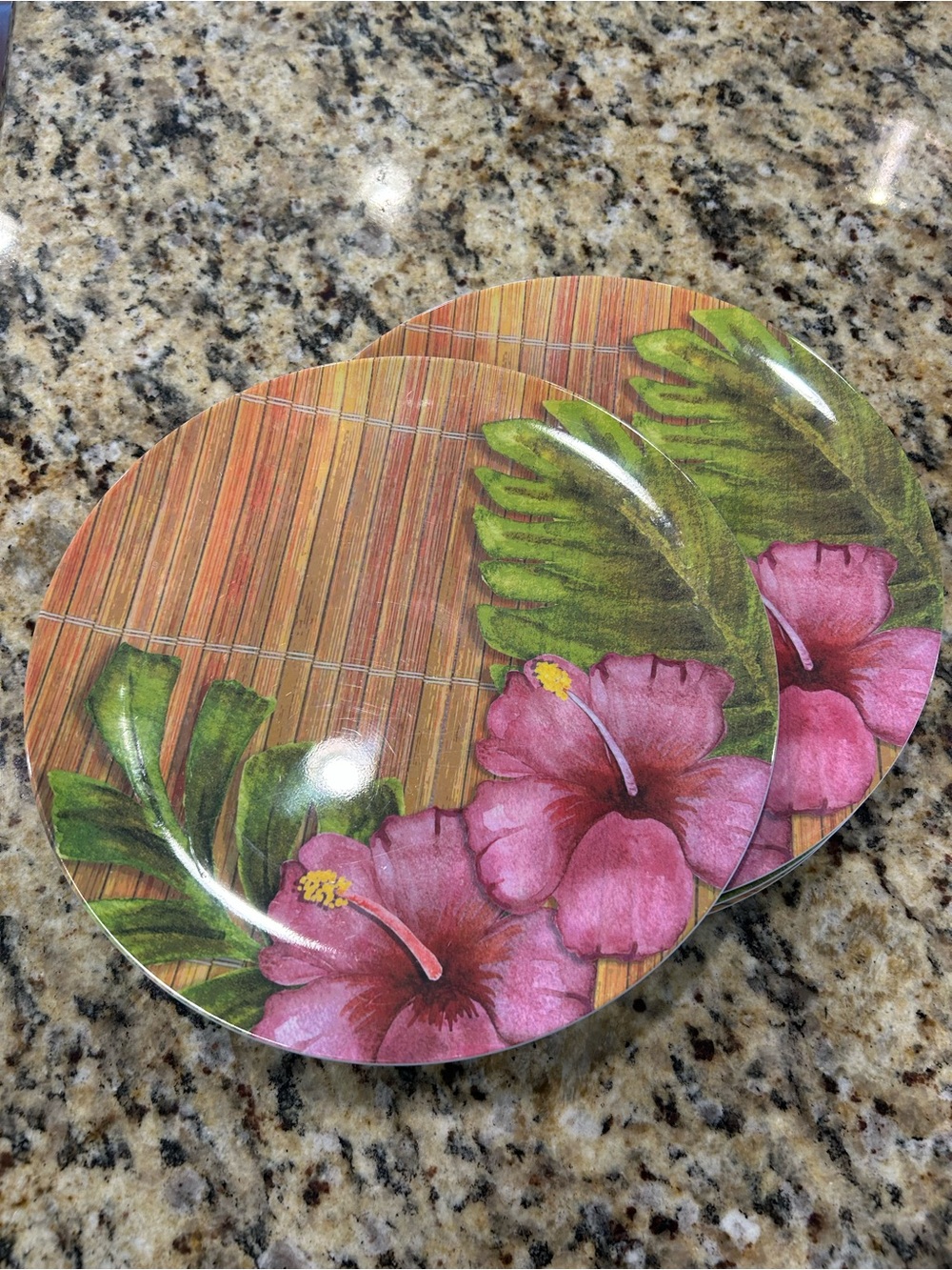 (5) Tropical Hibiscus Round 9” round plastic plates - Pink & Green